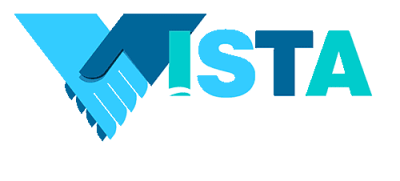 VistaCares logo with the V of Vista represented by two hand in blue tones holding each other. The rest of the word has each letter in a different blue/green tone. "Cares" is written underneath in a handwritten font in white